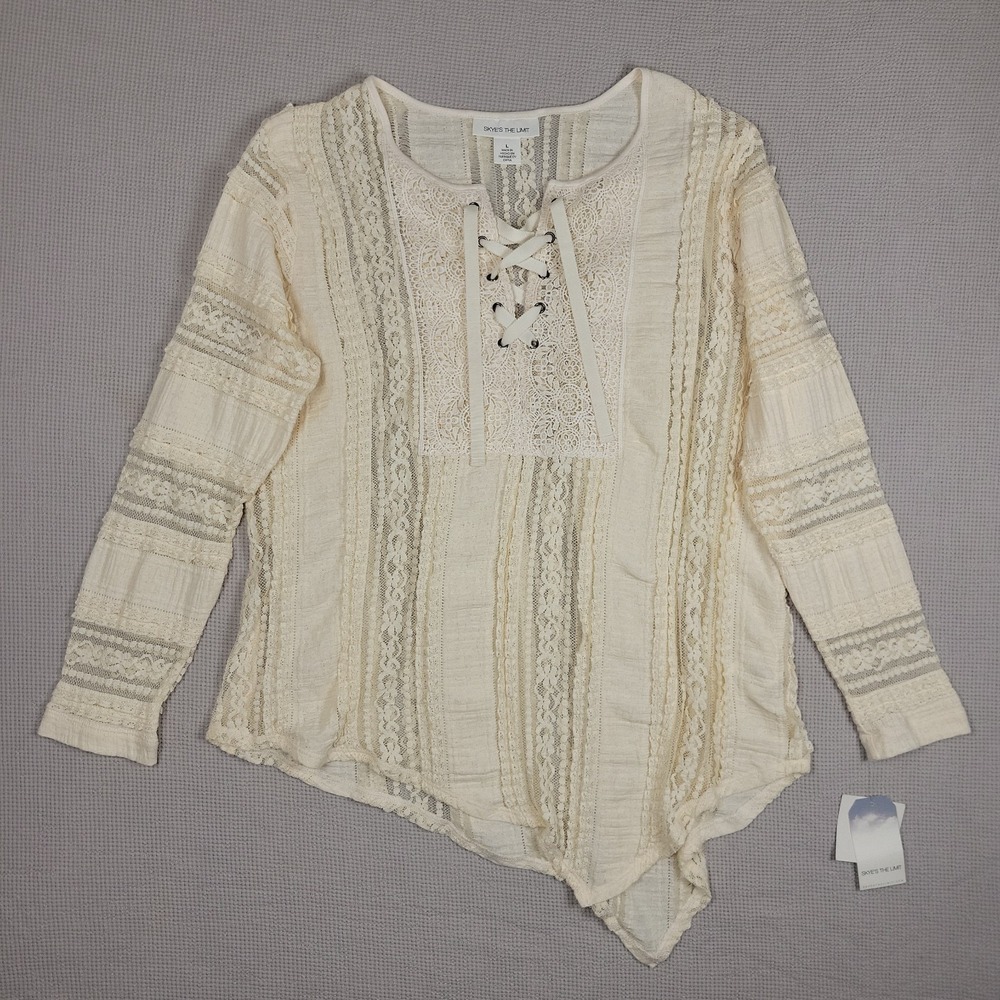 Skyes The Limit Long Sleeve Tunic Womens L Boho Vanilla Lace Asymmetrical Fall